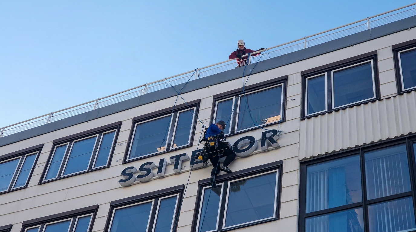 Montør i sele monterer facadeskrift i højden på en bygning, mens en kollega holder fast fra taget
